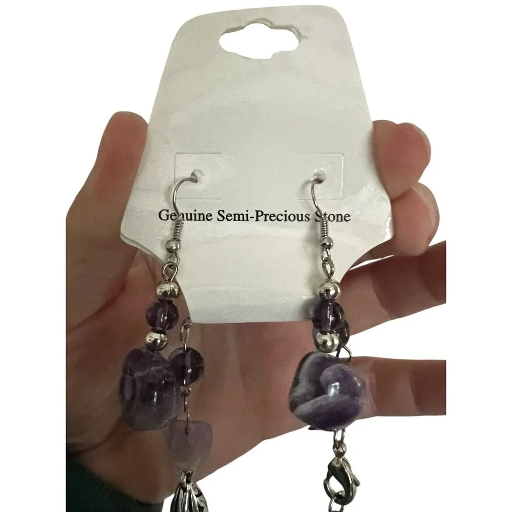Genuine Amethyst Triple Layer Statement Necklace And Earrings Set 19